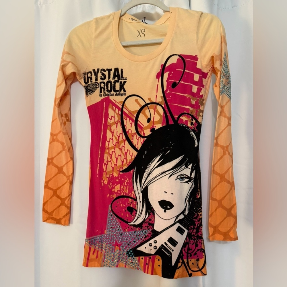 Crystal Rock Christian Audigier Long Sleeve Orange and Pink Graphic Top